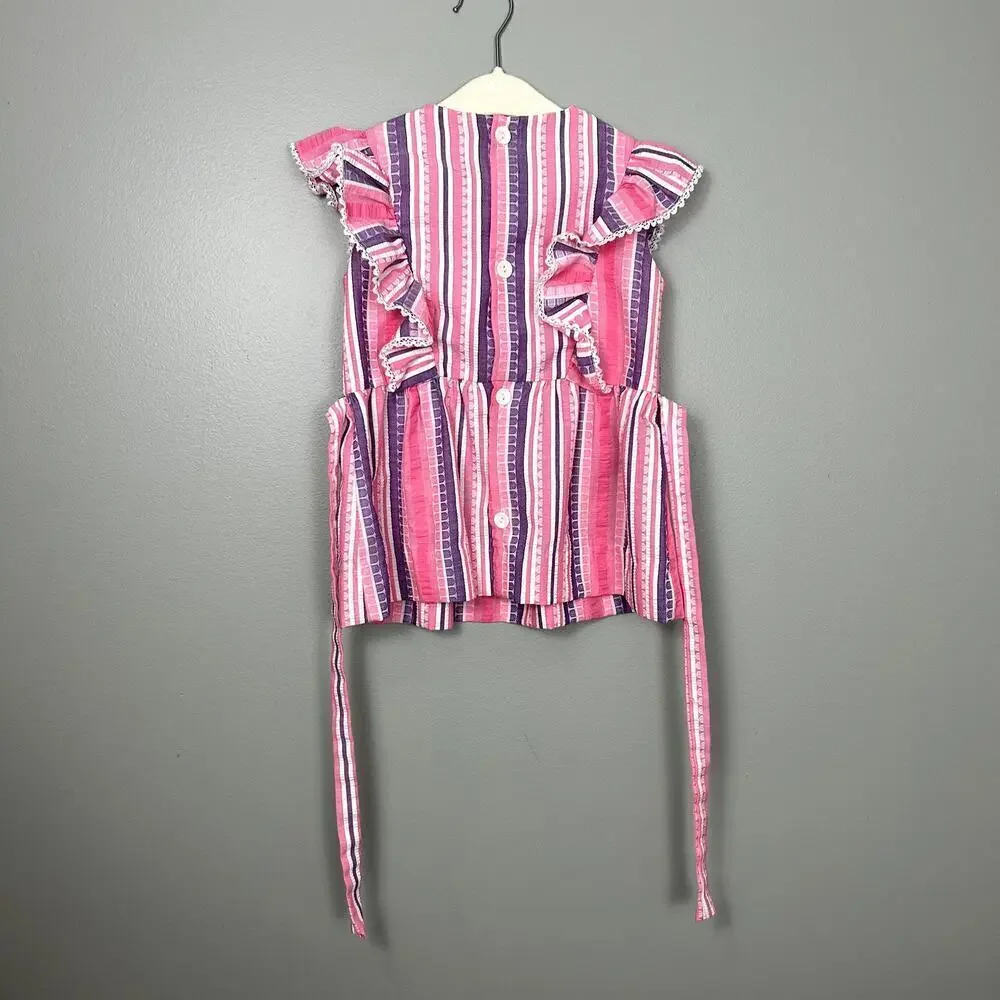 Vintage 70's Pinafore Dress Toddler Girl's Pink Purple Ruffle Stripe Summer Mini